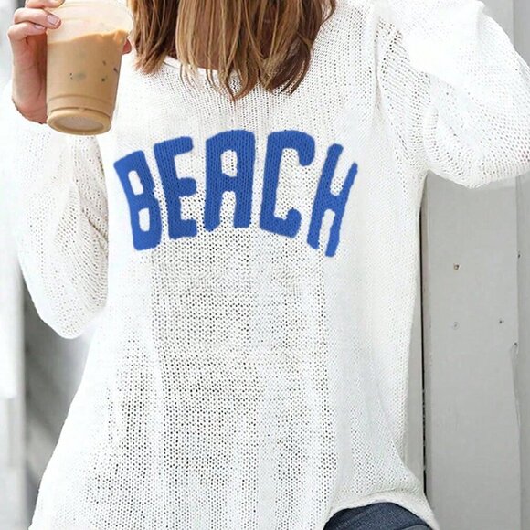 Blue And White Casual Women's Letter Pattern Long Sleeve Loose Knit Sweater - Picture 3 of 3